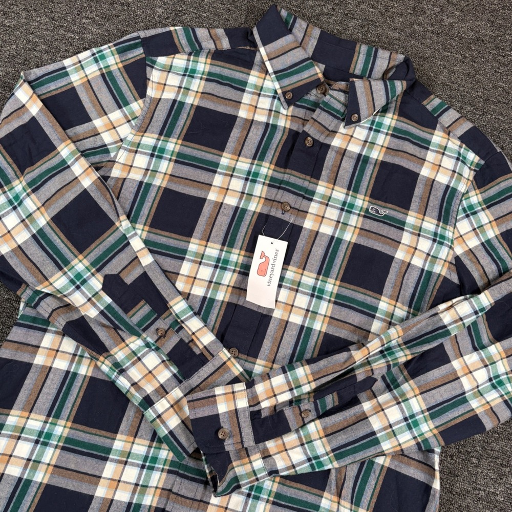 Vineyard Vines Flannel Shirt Men Large Navy Plaid Classic Fit Whale Shirt NWT